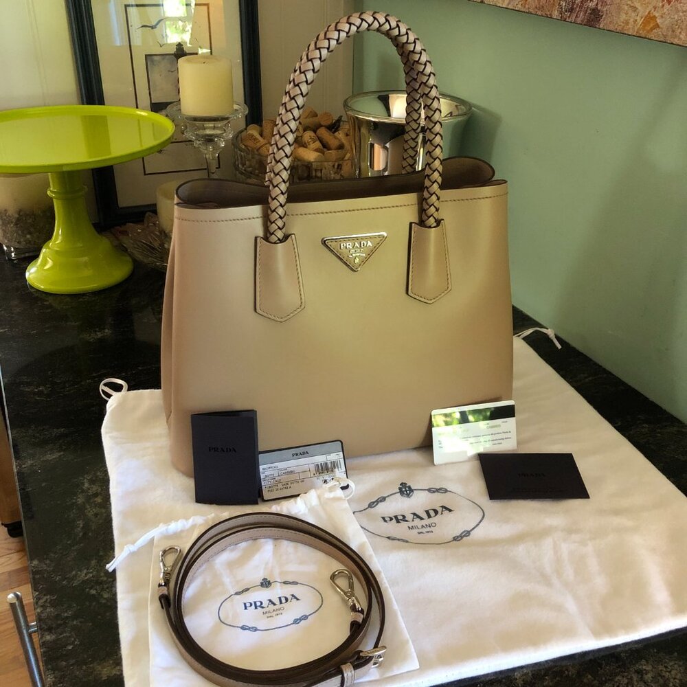PRADA City Calfskin Braided Medium Double Bag Cammeo Beige